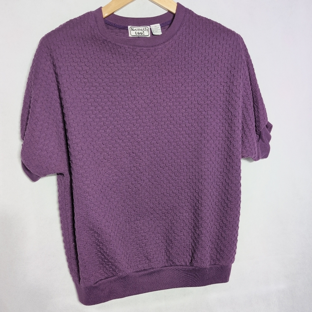 Vintage 80s Keneth Too Sz XL Purple Textured Short Sleeve Sweater